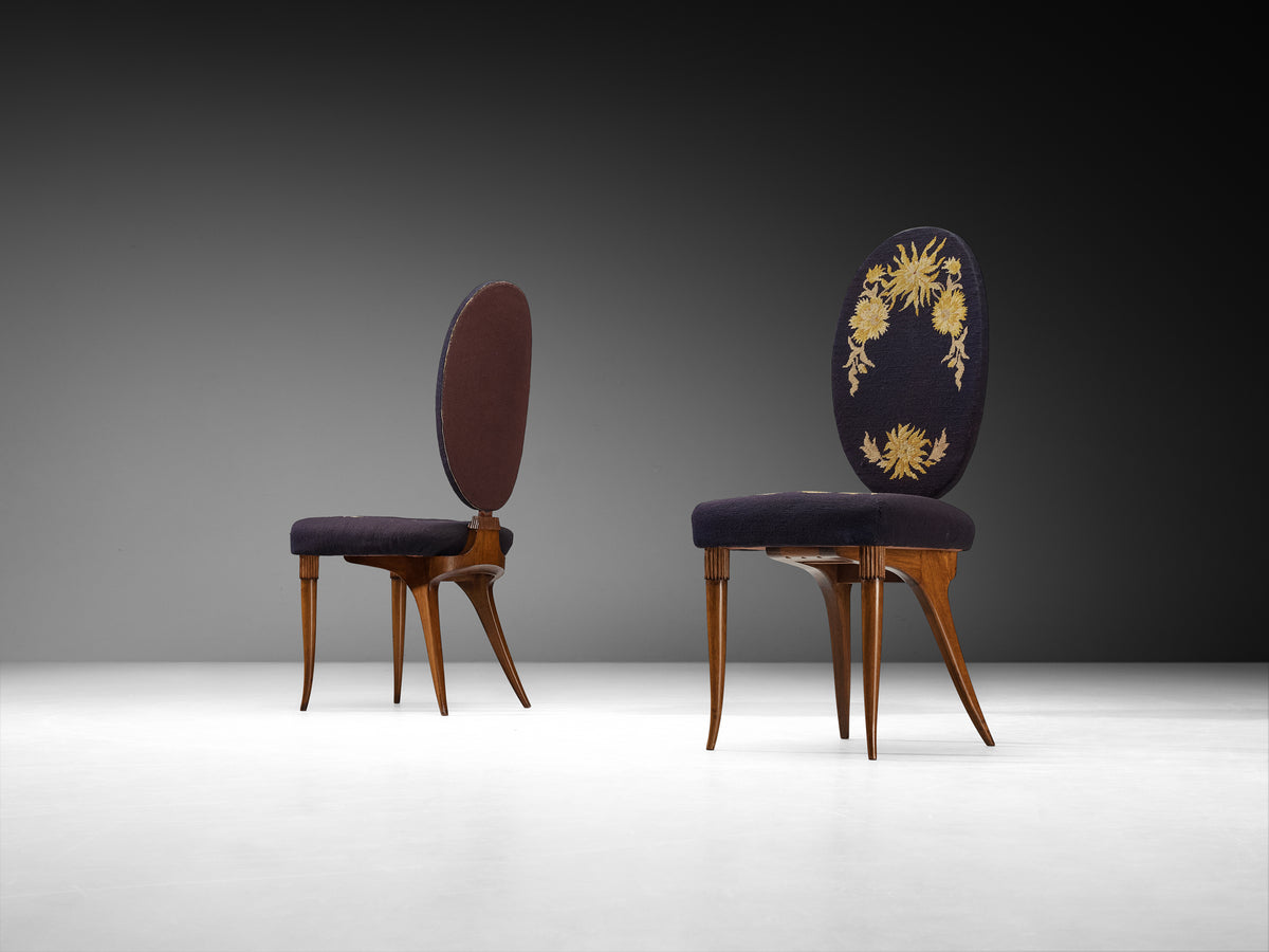 Italian Colli Arredamenti Set of Six Dining Chairs in Walnut, Original Fabric Seating Morentz
