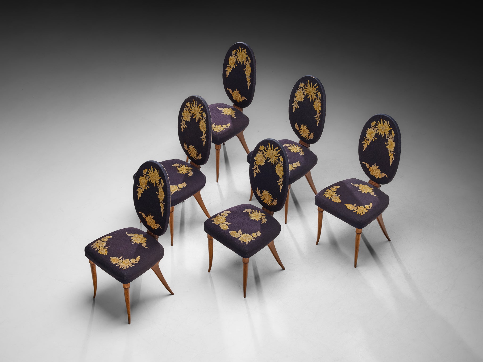 Italian Colli Arredamenti Set of Six Dining Chairs in Walnut, Original Fabric Seating Morentz