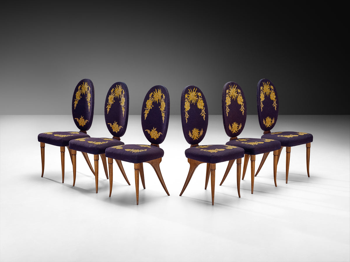 Italian Colli Arredamenti Set of Six Dining Chairs in Walnut, Original Fabric Seating Morentz