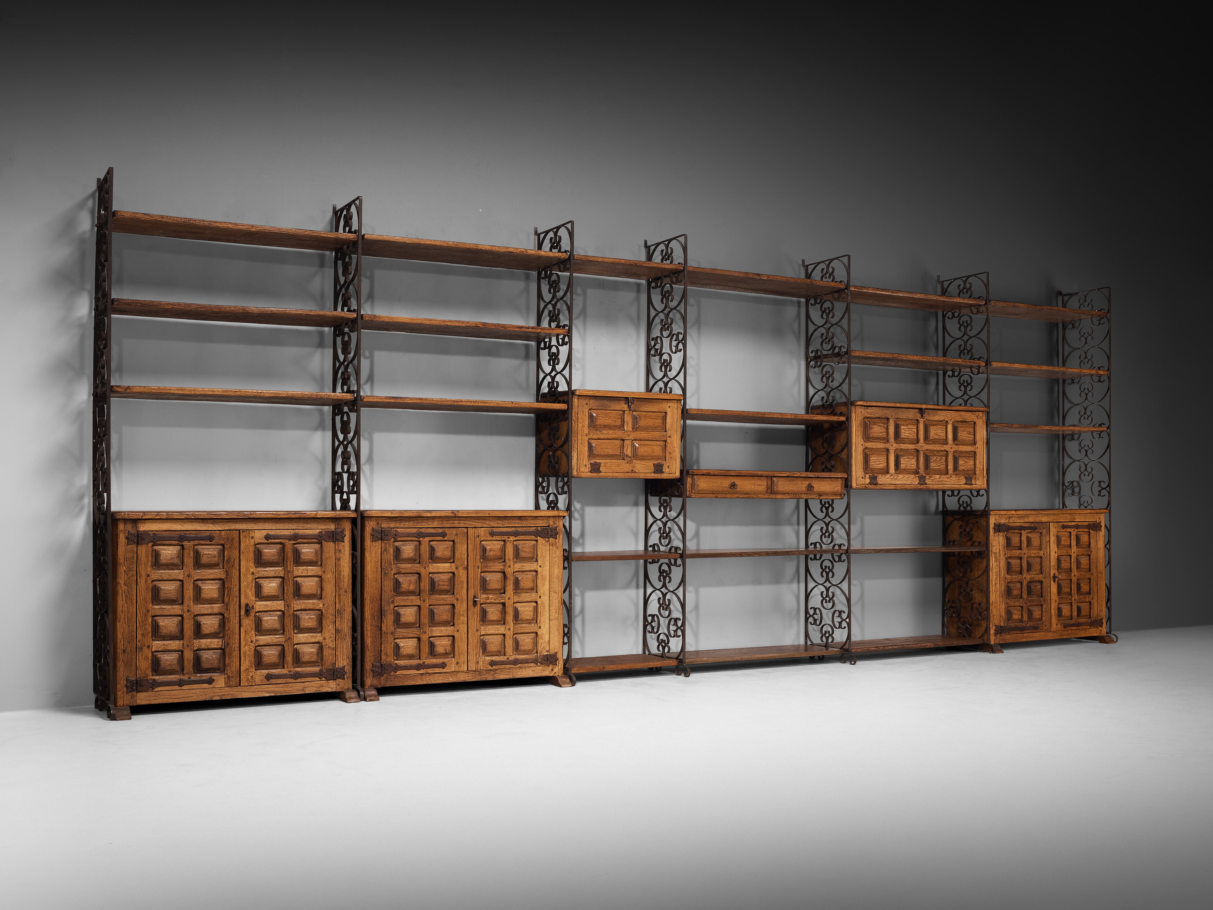 Grand Spanish Brutalist Style Wall Unit in Oak and Wrought Iron 578cm/227.56in.