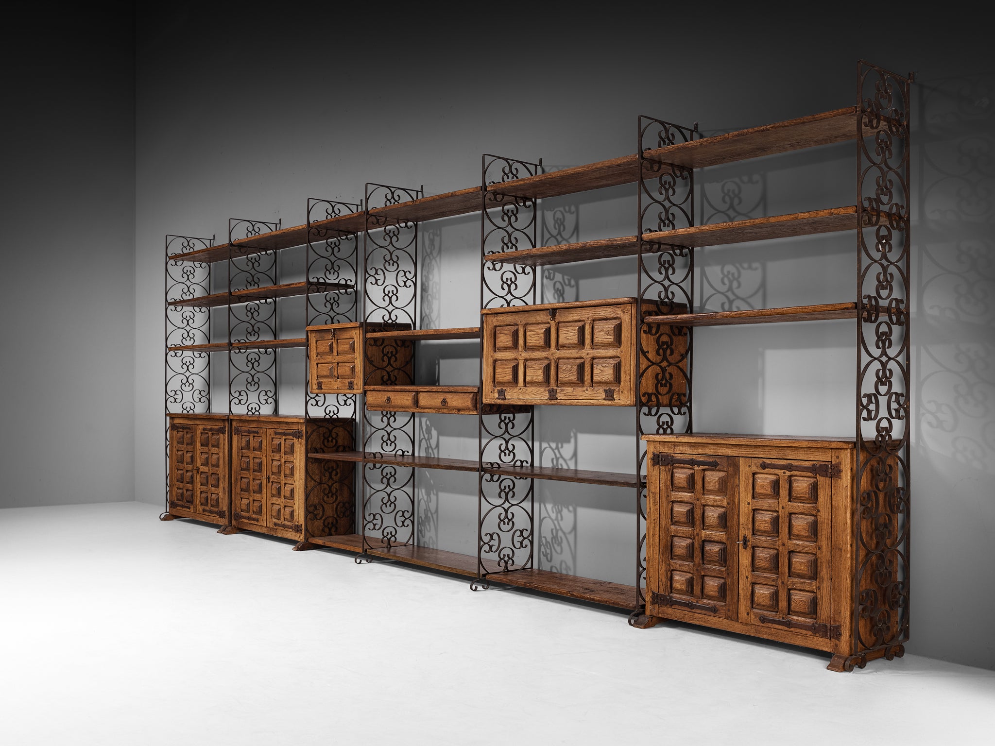 Grand Spanish Brutalist Style Wall Unit in Oak and Wrought Iron 578cm/227.56in.