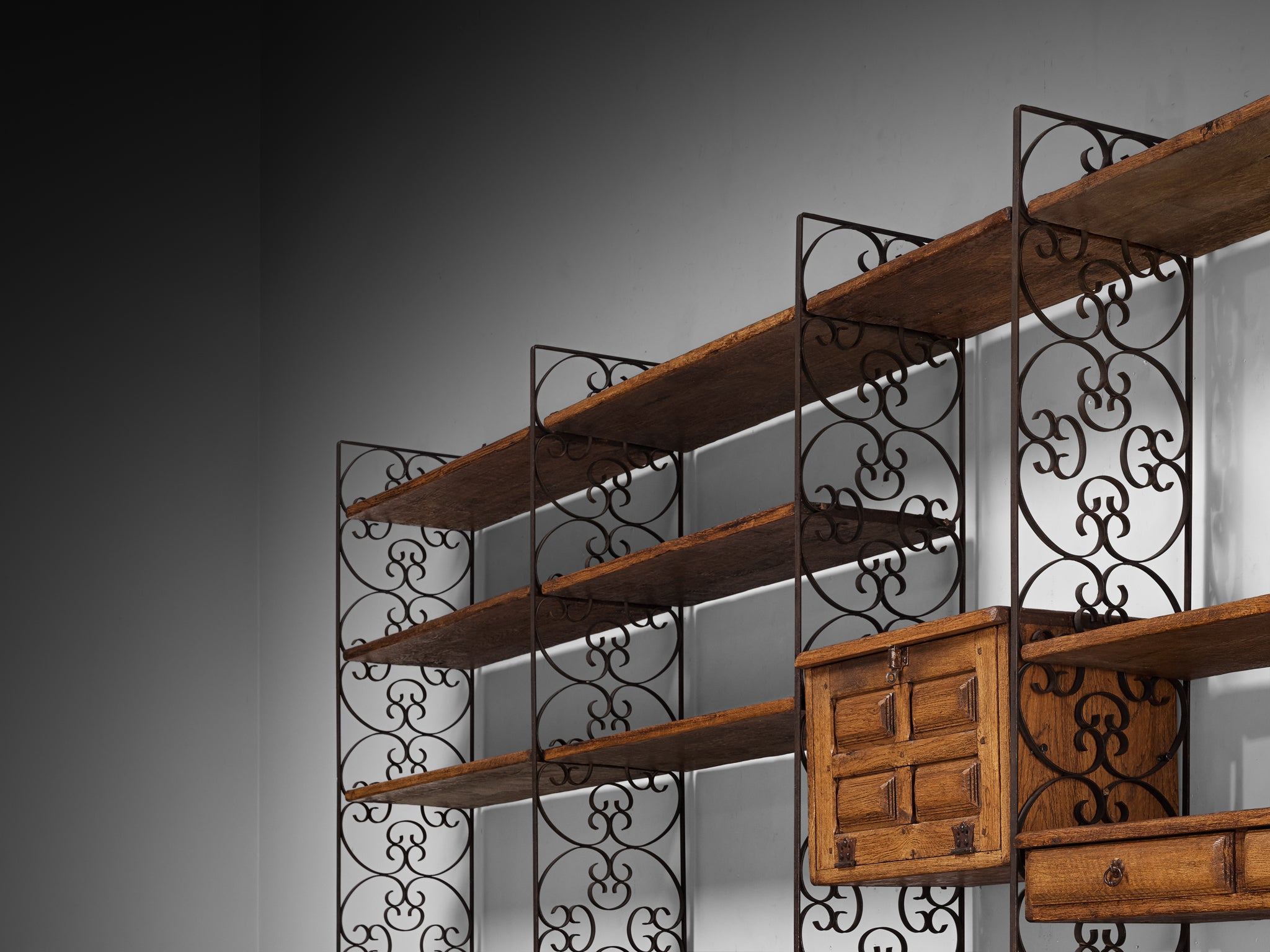 Grand Spanish Brutalist Style Wall Unit in Oak and Wrought Iron 578cm/227.56in.