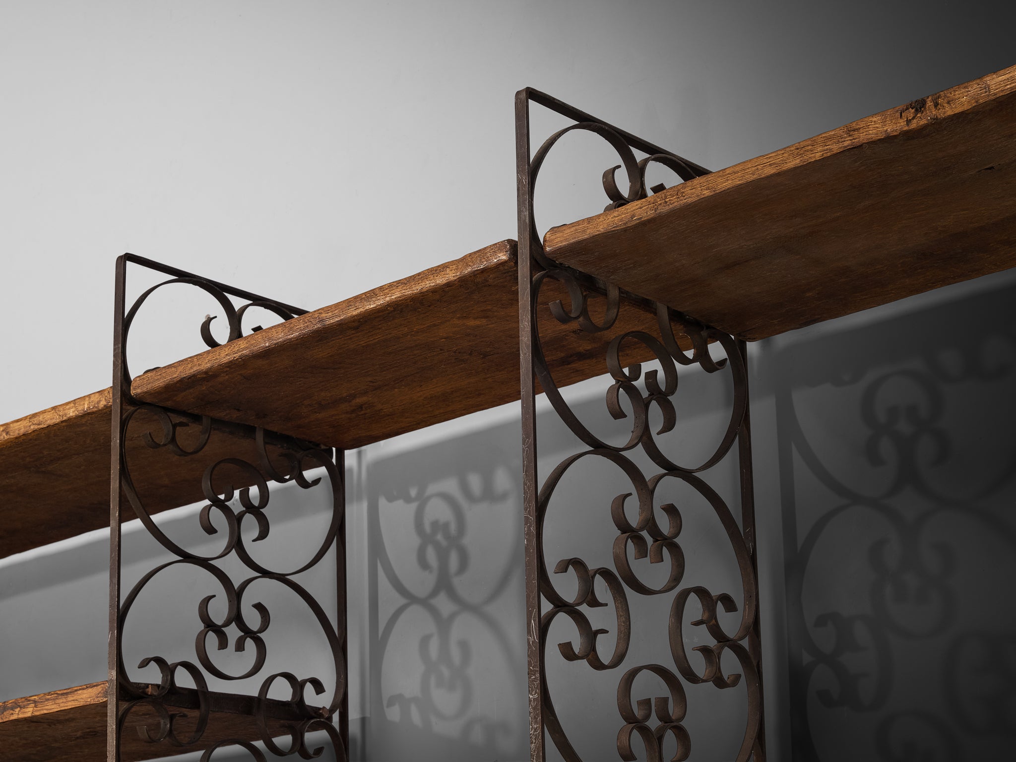 Grand Spanish Brutalist Style Wall Unit in Oak and Wrought Iron 578cm/227.56in. Case pieces and storage cabinets Morentz