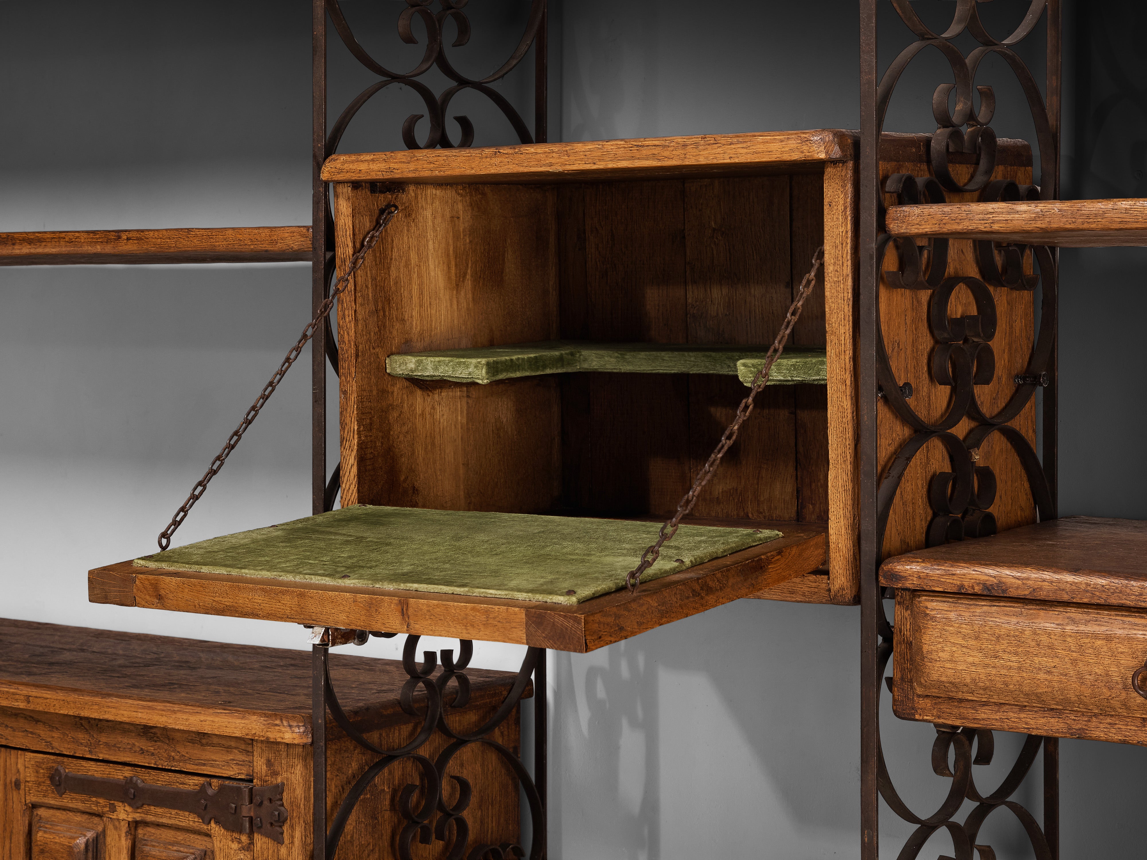 Grand Spanish Brutalist Style Wall Unit in Oak and Wrought Iron 578cm/227.56in.