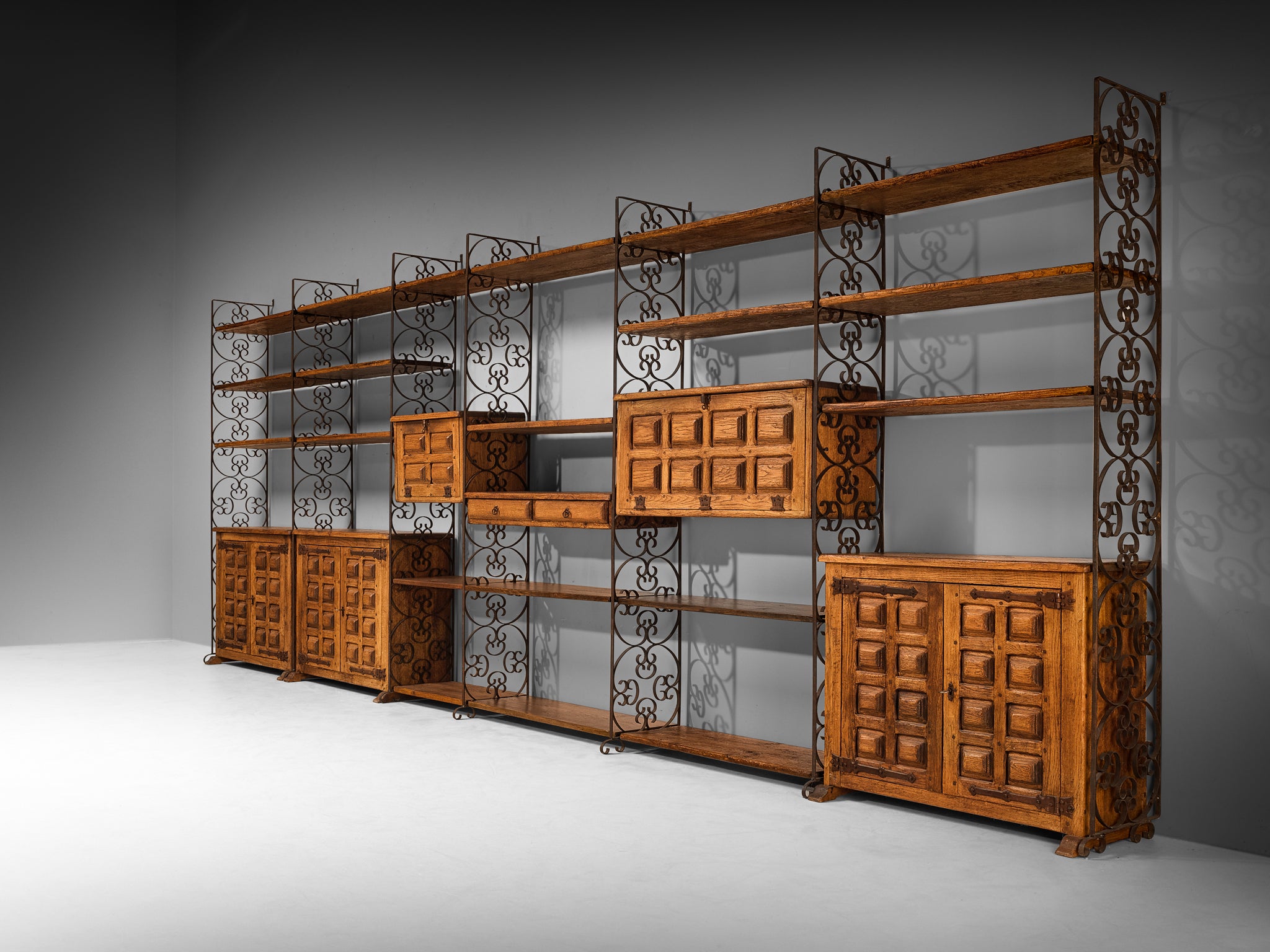 Grand Spanish Brutalist Style Wall Unit in Oak and Wrought Iron 578cm/227.56in. Case pieces and storage cabinets Morentz