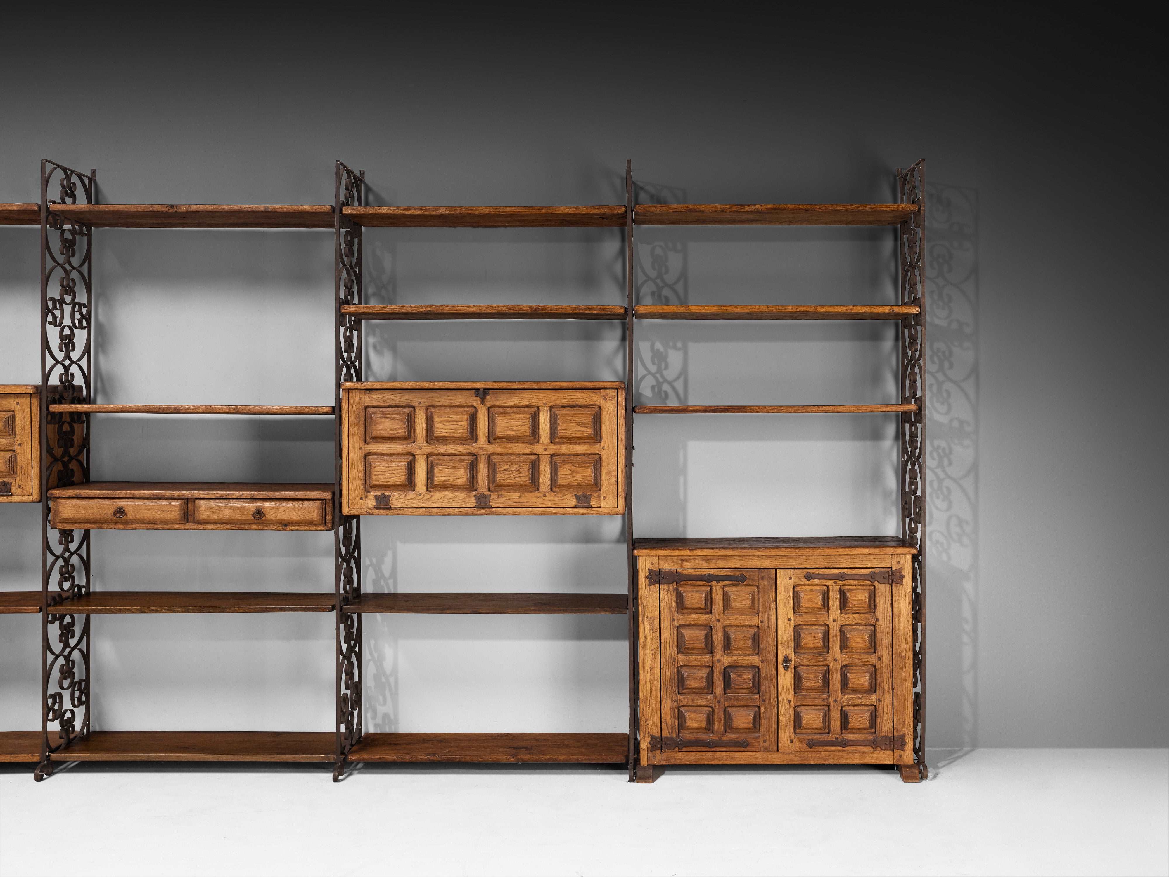 Grand Spanish Brutalist Style Wall Unit in Oak and Wrought Iron 578cm/227.56in.