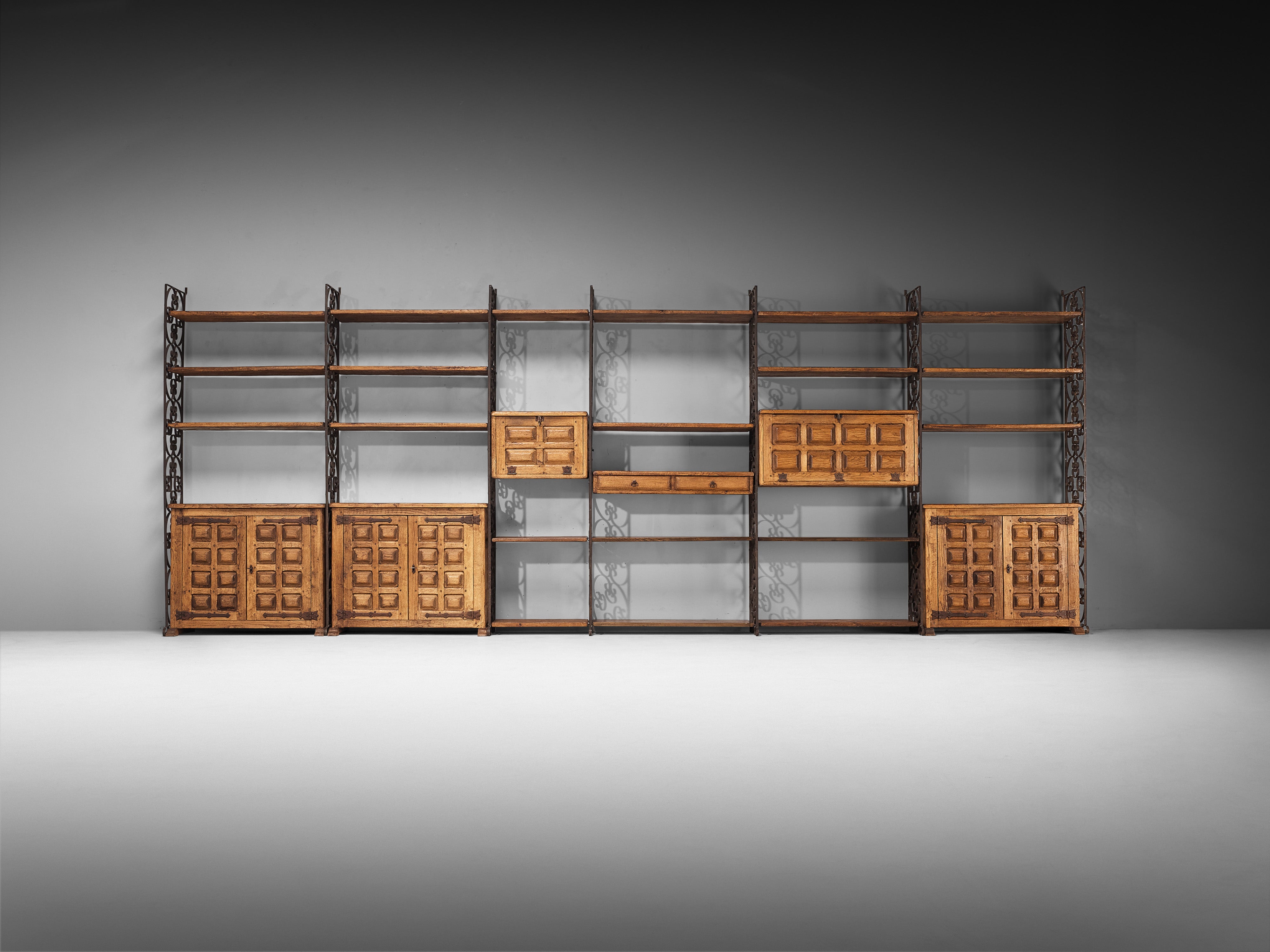 Grand Spanish Brutalist Style Wall Unit in Oak and Wrought Iron 578cm/227.56in.