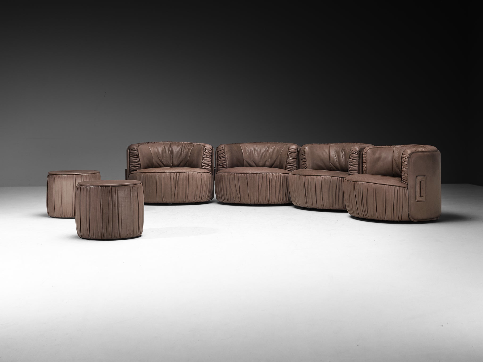 Swiss Postmodern Modular Lounge Set in Taupe Leather and Ottomans Seating Morentz