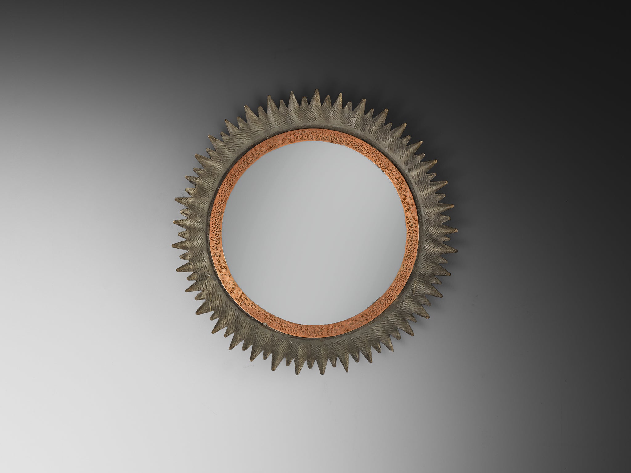 Italian Sunburst Mirror in Patinated Metal 1950s Mirrors Morentz