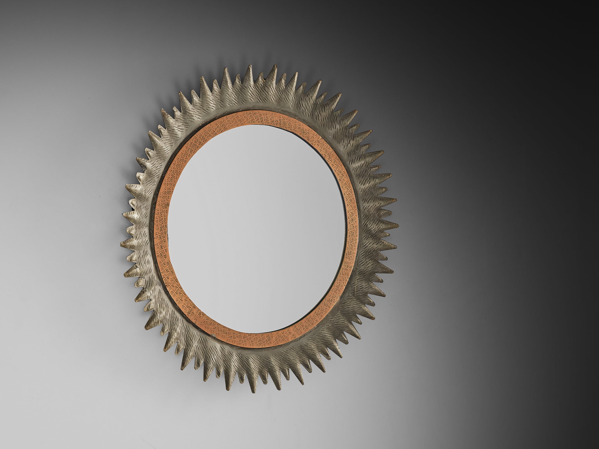 Italian Sunburst Mirror in Patinated Metal 1950s Mirrors Morentz