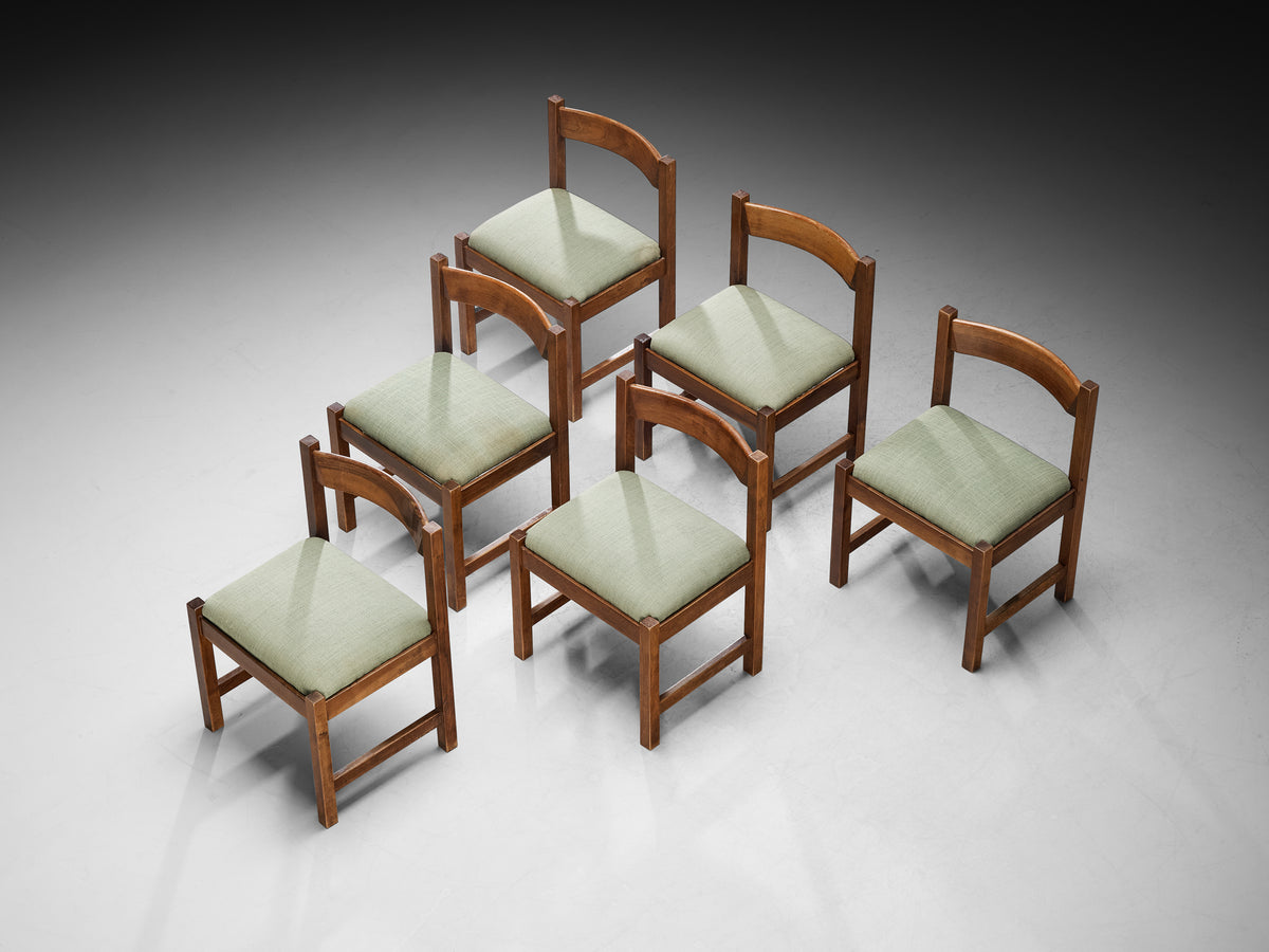 Giovanni Michelucci for Poltronova Set of Six Dining Chairs in Walnut and Green Fabric Seating Morentz
