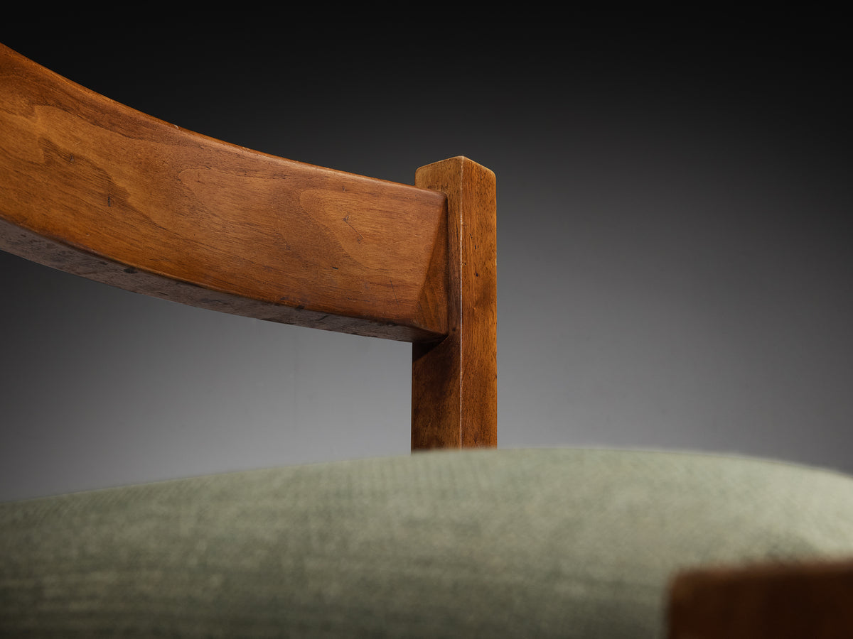 Giovanni Michelucci for Poltronova Set of Six Dining Chairs in Walnut and Green Fabric Seating Morentz