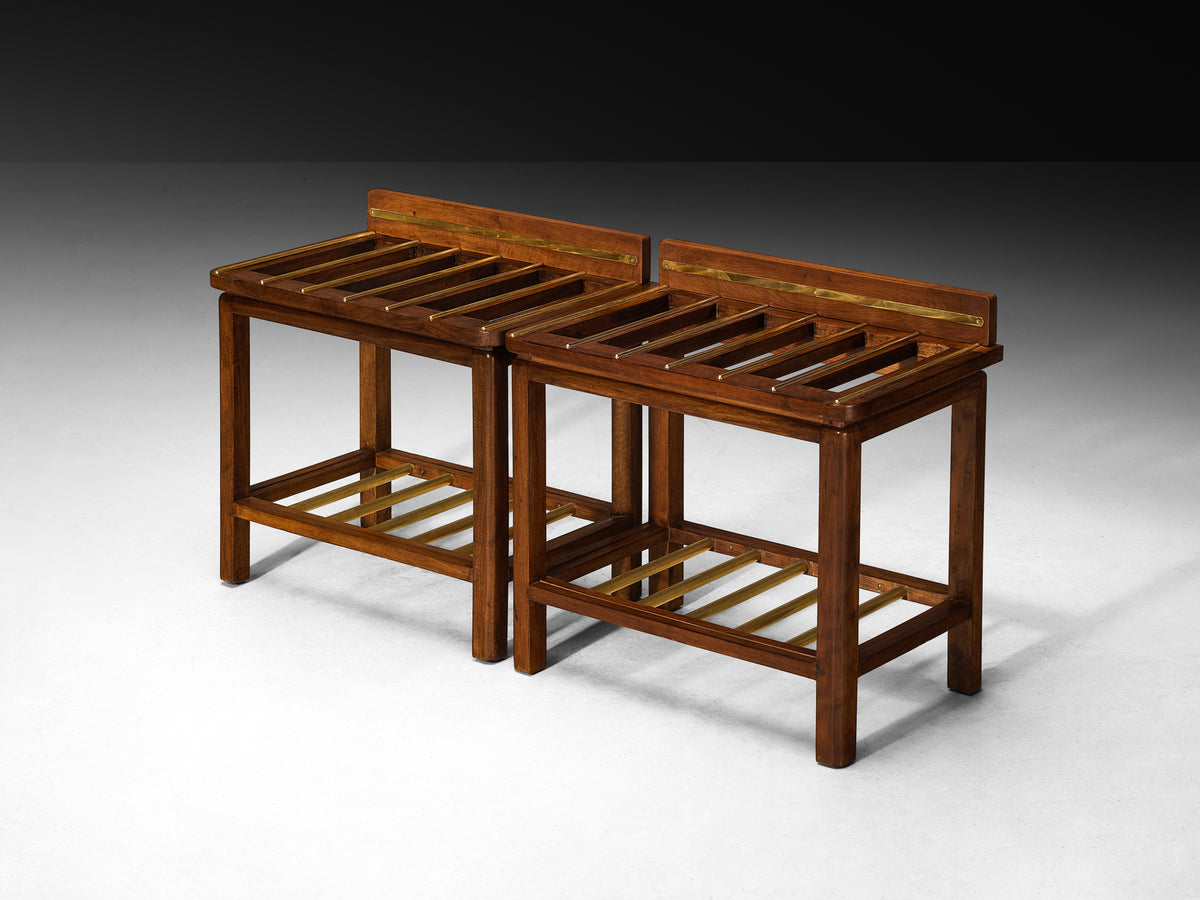 Mid-Century Italian Pair of Luggage Racks in Mahogany and Brass Tables Morentz