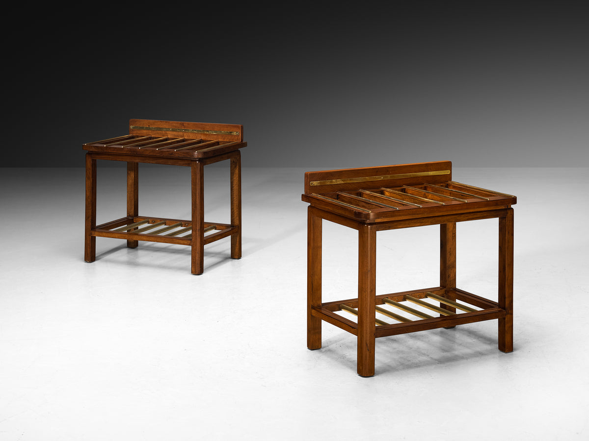 Mid-Century Italian Pair of Luggage Racks in Mahogany and Brass Tables Morentz