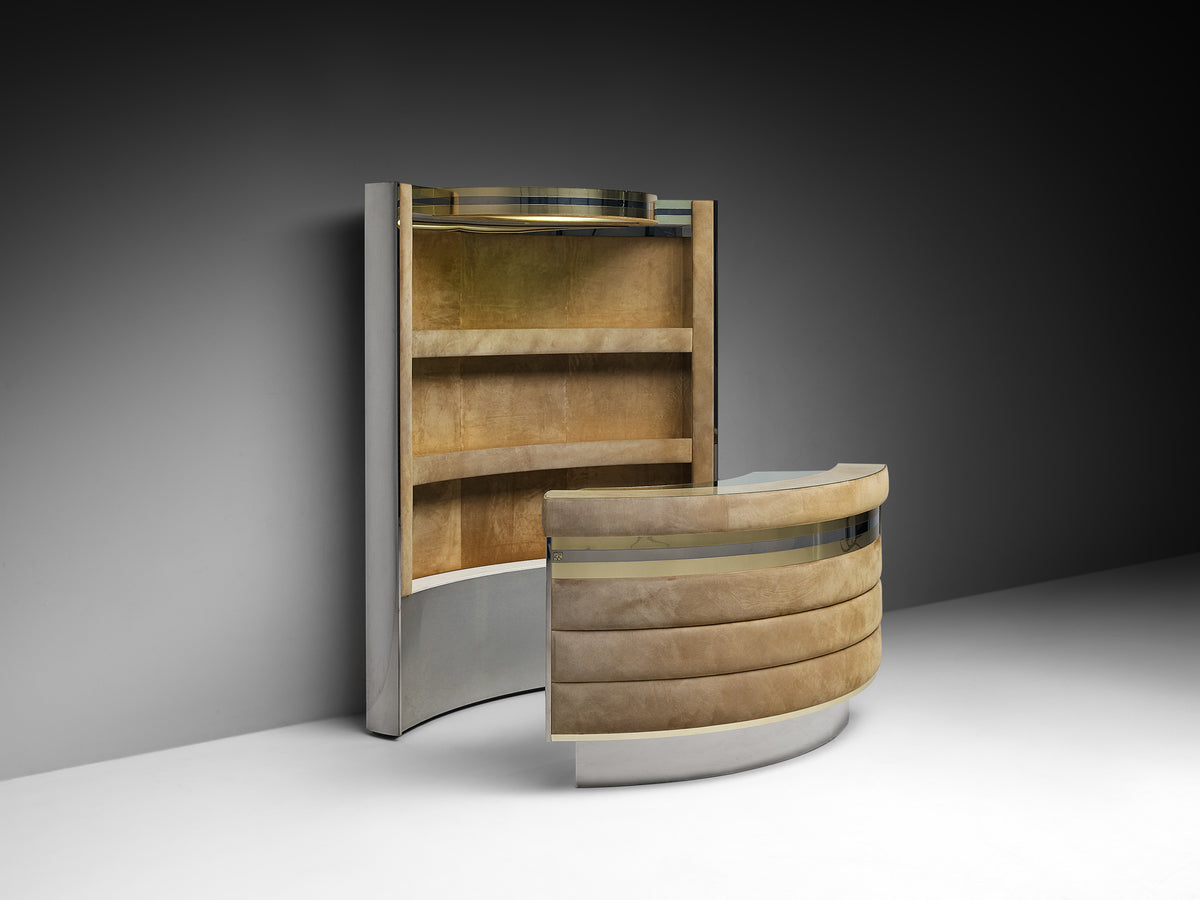Italian Cocktail Bar in Beige Suede and Chrome in the Style of Willy Rizzo Case pieces and storage cabinets Morentz