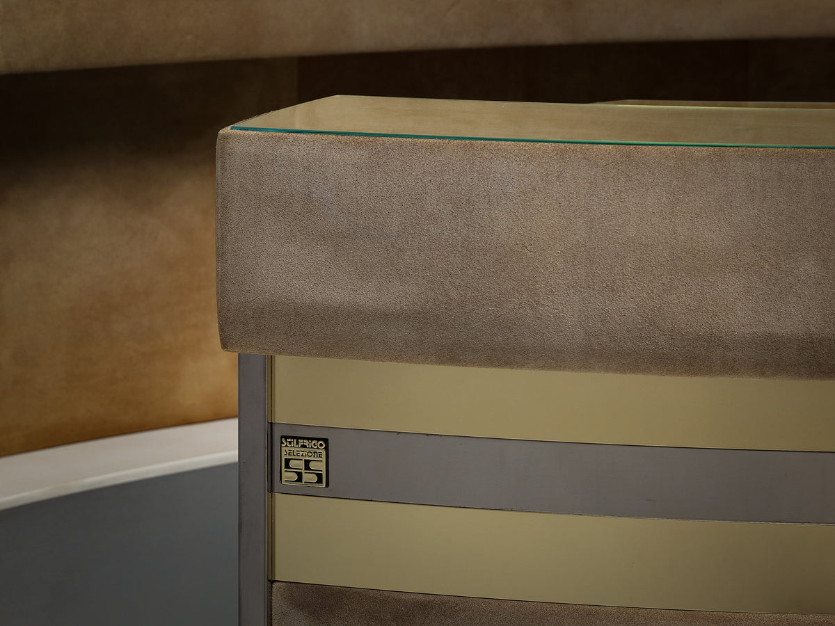 Italian Cocktail Bar in Beige Suede and Chrome in the Style of Willy Rizzo Case pieces and storage cabinets Morentz