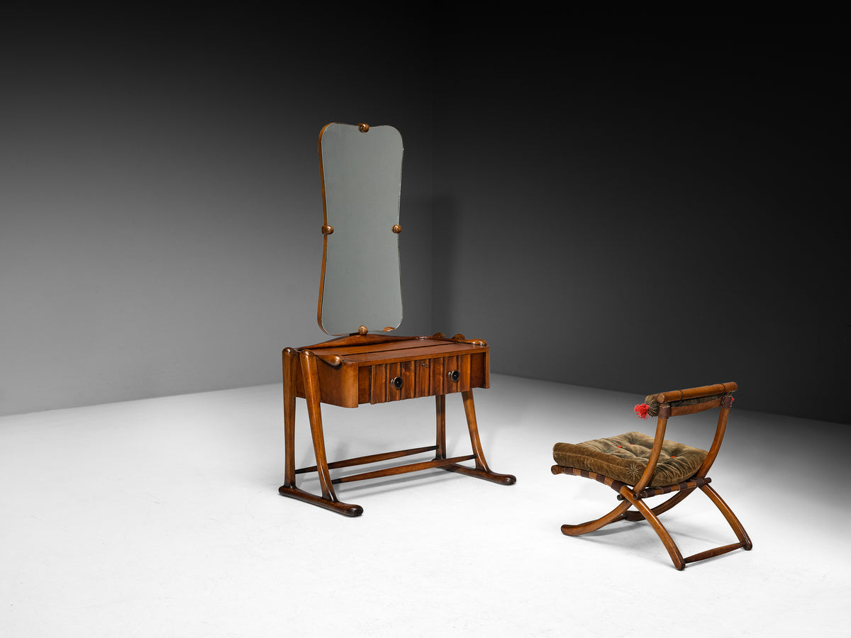 Sculptural Art Deco Vanity with Mirror and Matching Chair in Walnut and Glass Tables Morentz