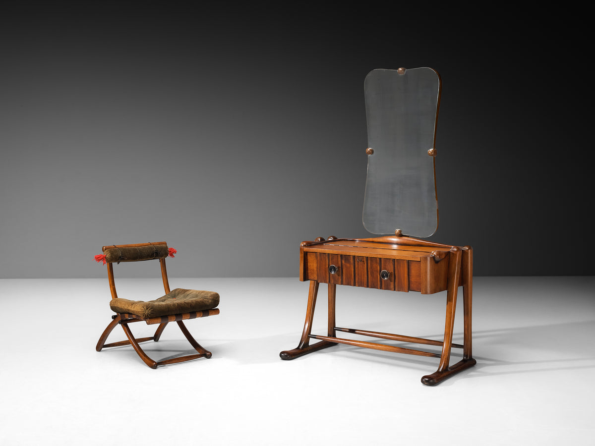 Sculptural Art Deco Vanity with Mirror and Matching Chair in Walnut and Glass Tables Morentz