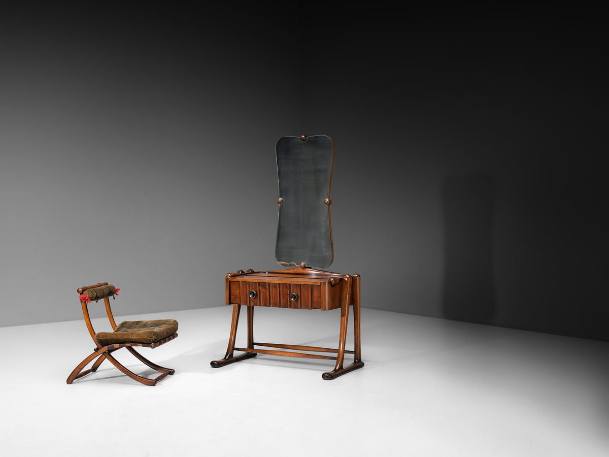 Sculptural Art Deco Vanity with Mirror and Matching Chair in Walnut and Glass Tables Morentz
