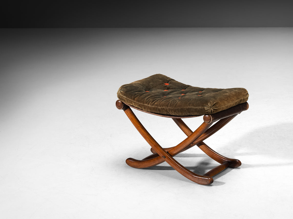 Sculptural Art Deco Stool in Walnut and Fabric Seating Morentz