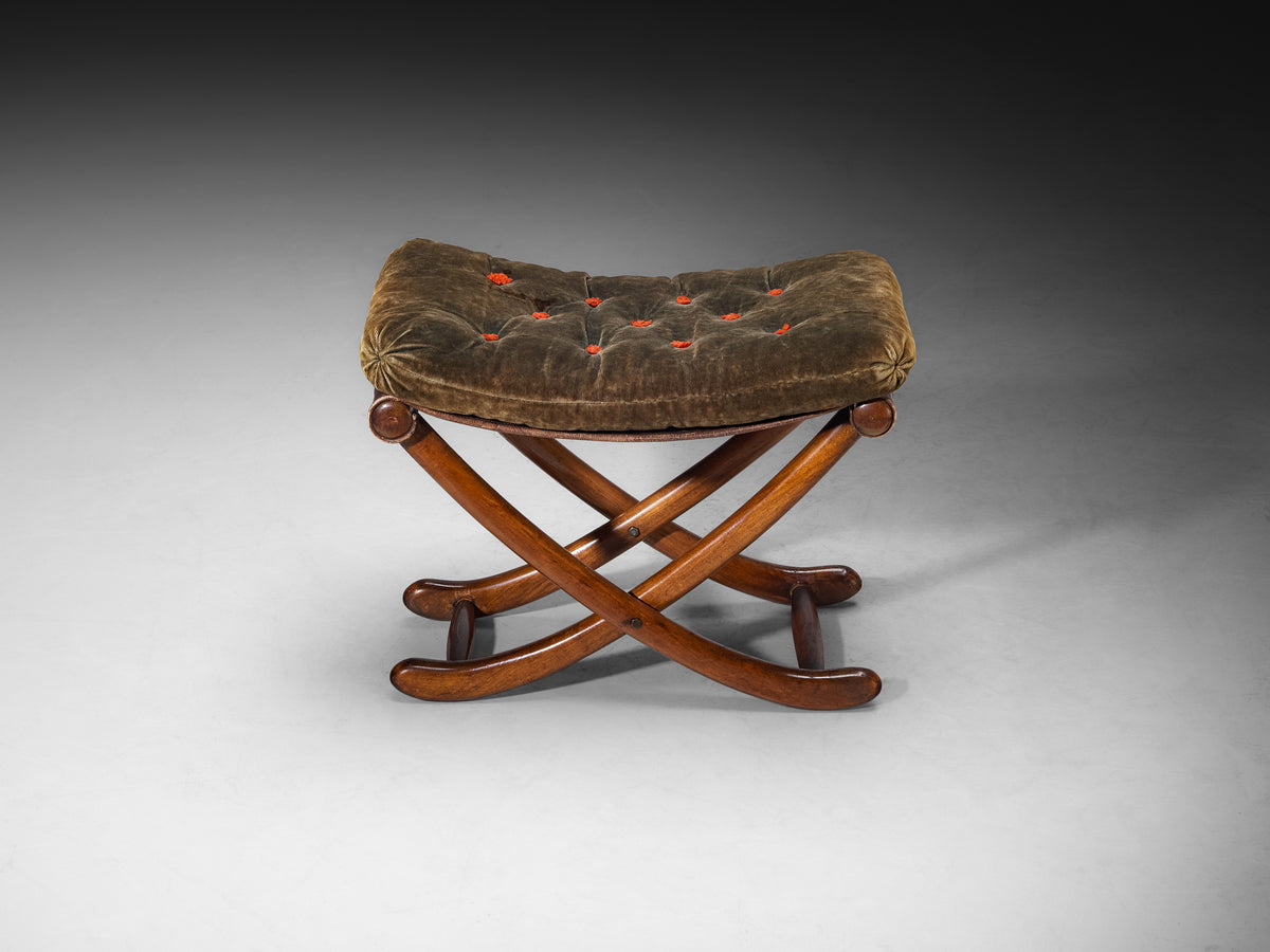 Sculptural Art Deco Stool in Walnut and Fabric Seating Morentz