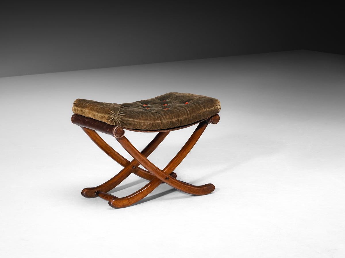 Sculptural Art Deco Stool in Walnut and Fabric Seating Morentz