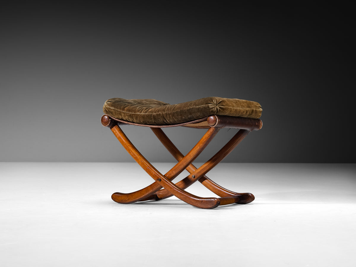 Sculptural Art Deco Stool in Walnut and Fabric Seating Morentz