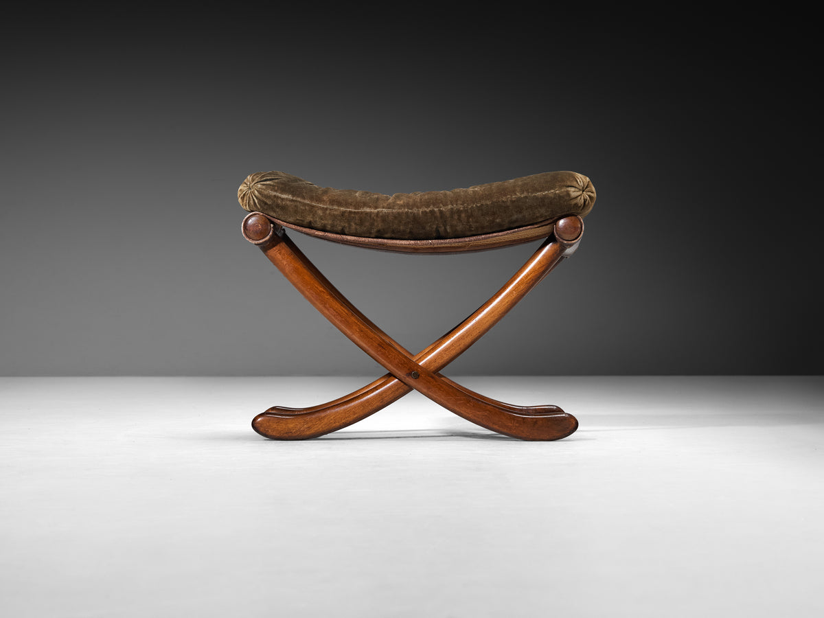 Sculptural Art Deco Stool in Walnut and Fabric Seating Morentz