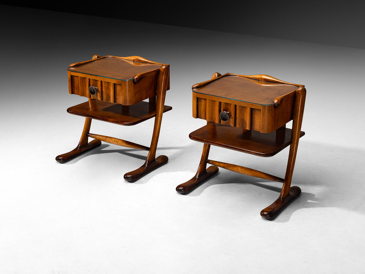 Pair of Sculptural Bedside Tables in Walnut and Glass More Furniture and Collectibles Morentz
