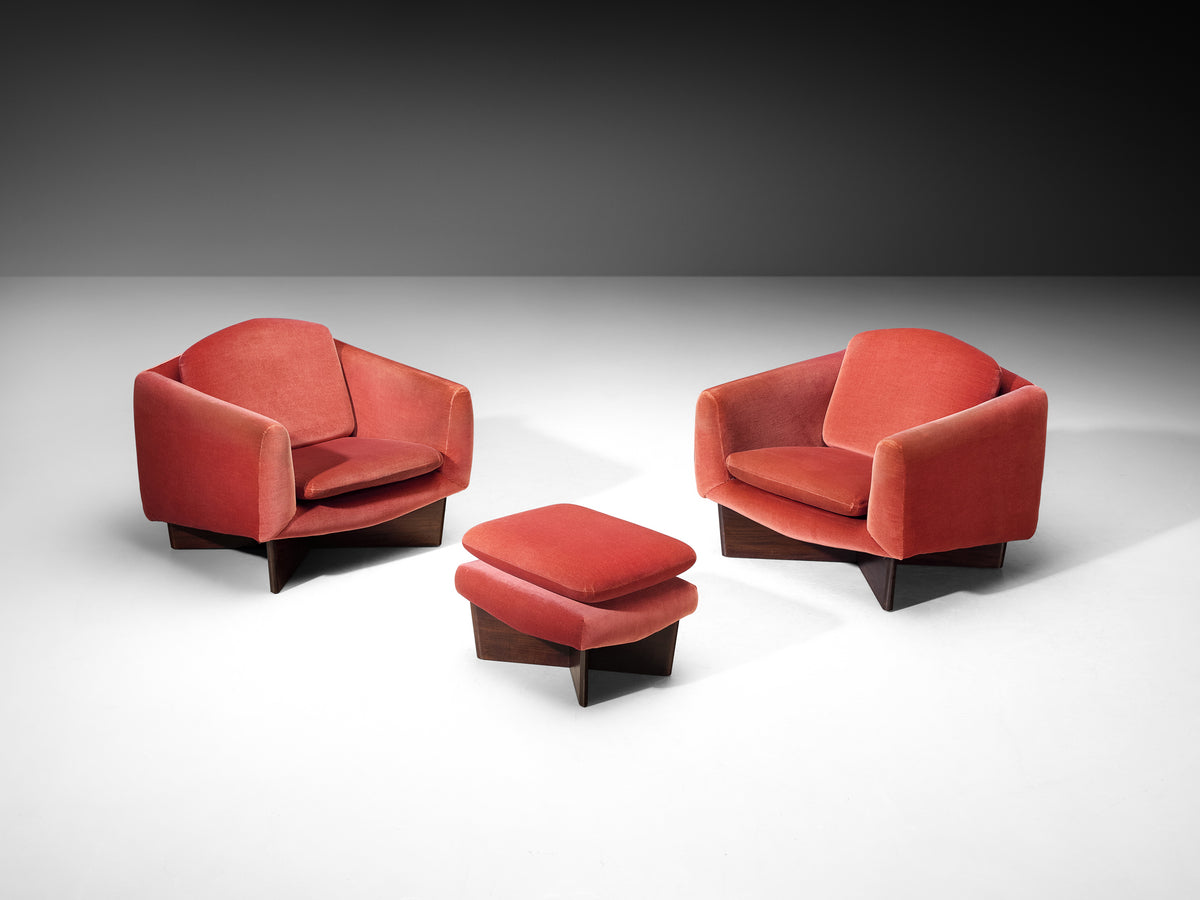 Pierre Guariche for Burov Pair of Monaco Lounge Chairs with Ottoman in Velvet Seating Morentz