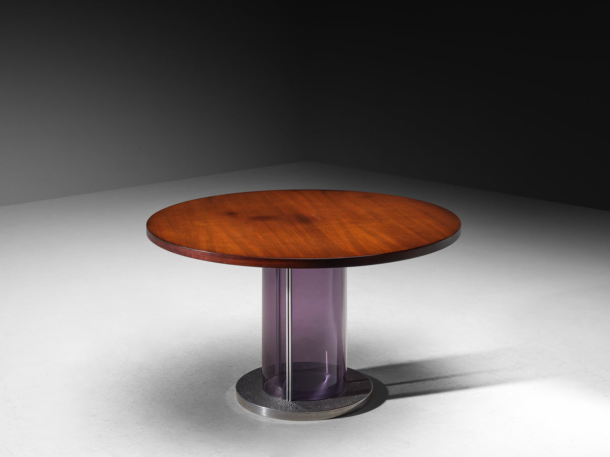 Italian Mid-Century Dining Table in Bright Purple Plexiglass, Aluminum and Mahogany Wood Tables Morentz