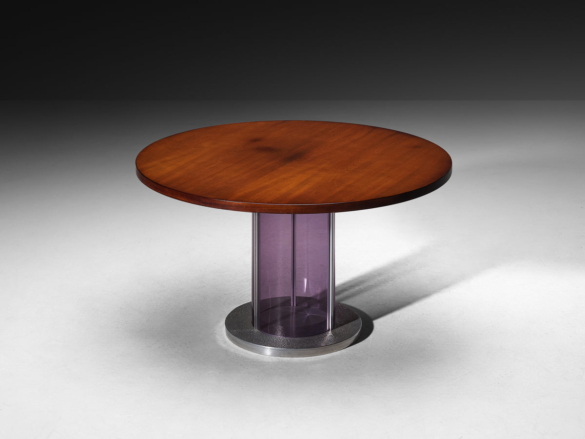 Italian Mid-Century Dining Table in Bright Purple Plexiglass, Aluminum and Mahogany Wood Tables Morentz