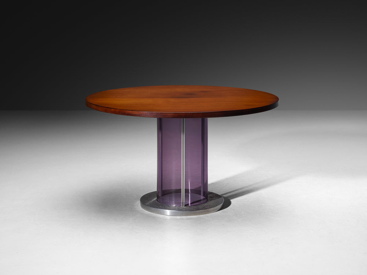 Italian Mid-Century Dining Table in Bright Purple Plexiglass, Aluminum and Mahogany Wood Tables Morentz