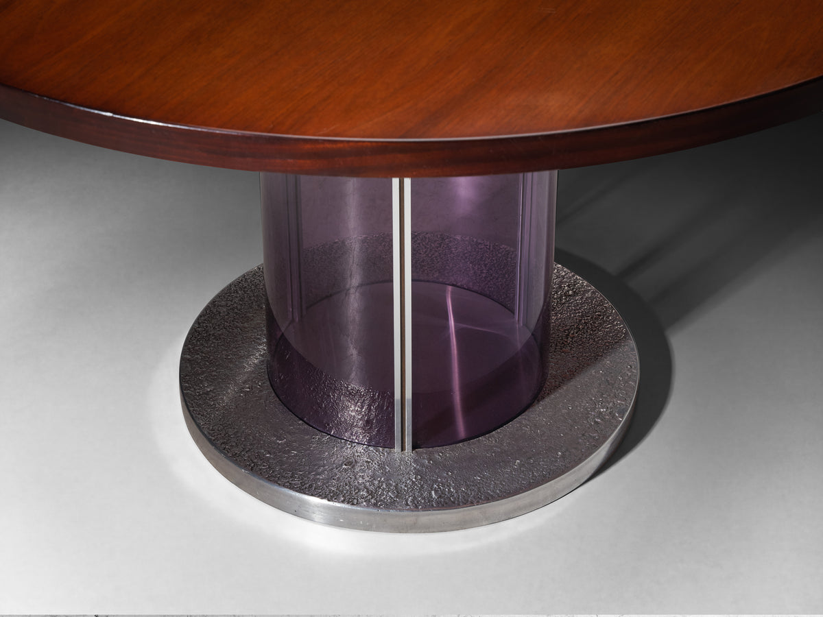 Italian Mid-Century Dining Table in Bright Purple Plexiglass, Aluminum and Mahogany Wood Tables Morentz