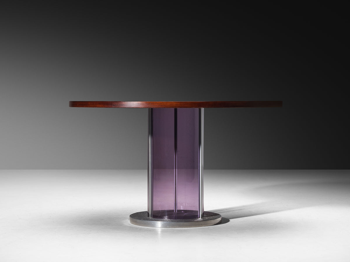 Italian Mid-Century Dining Table in Bright Purple Plexiglass, Aluminum and Mahogany Wood Tables Morentz