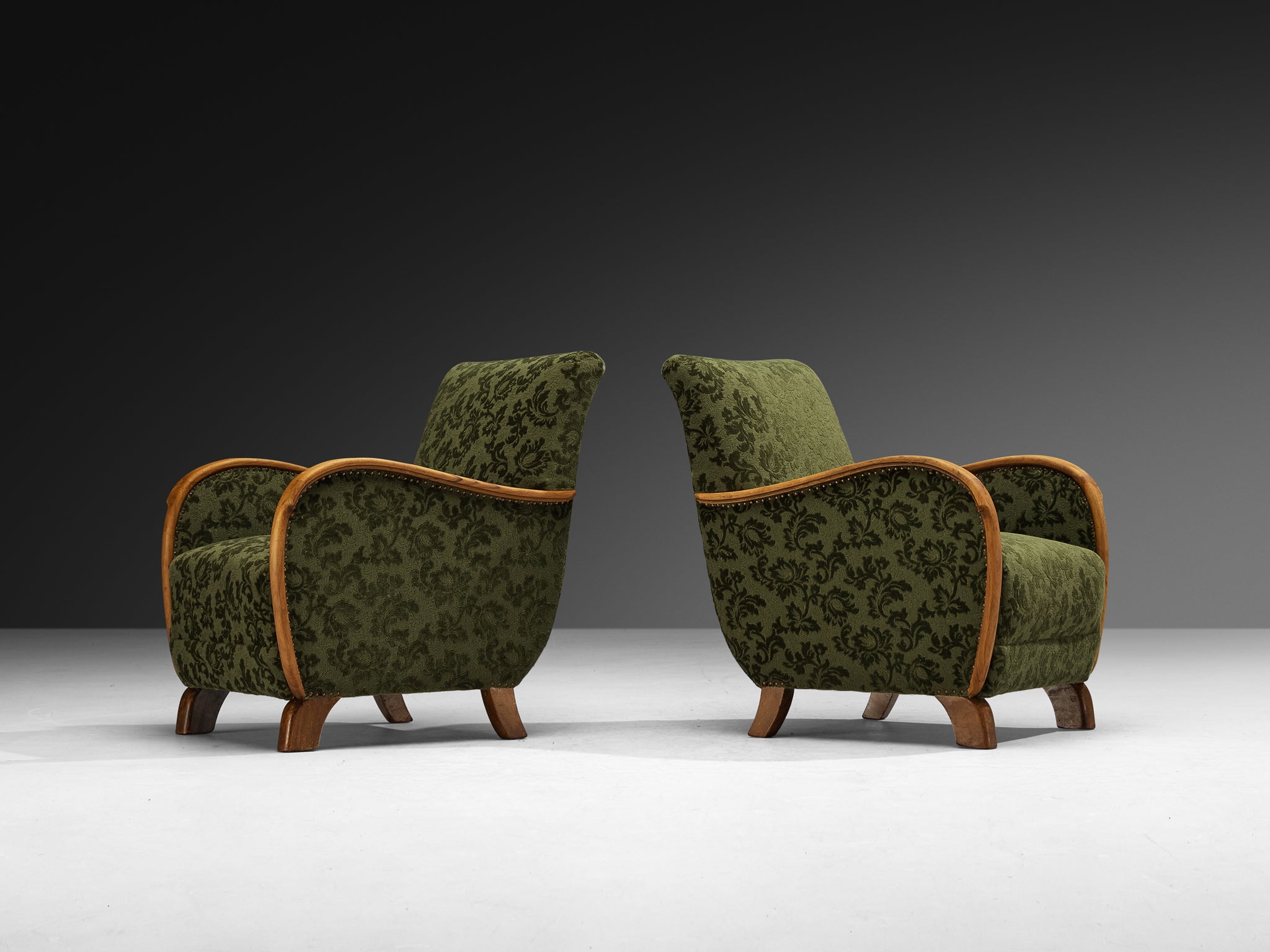 Pair of Art Deco Lounge Chairs in Green Floral Fabric and Walnut Wood Seating Morentz