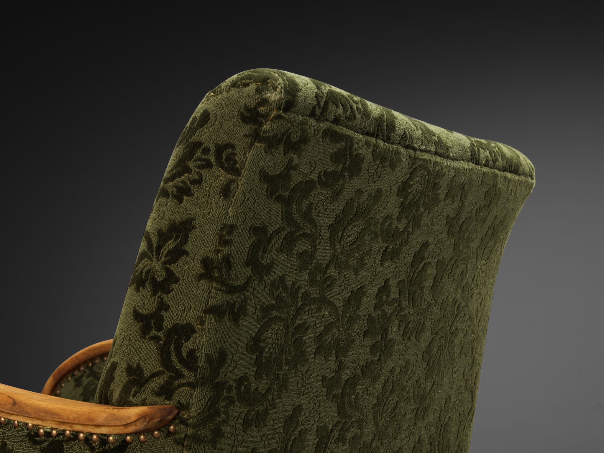 Pair of Art Deco Lounge Chairs in Green Floral Fabric and Walnut Wood Seating Morentz