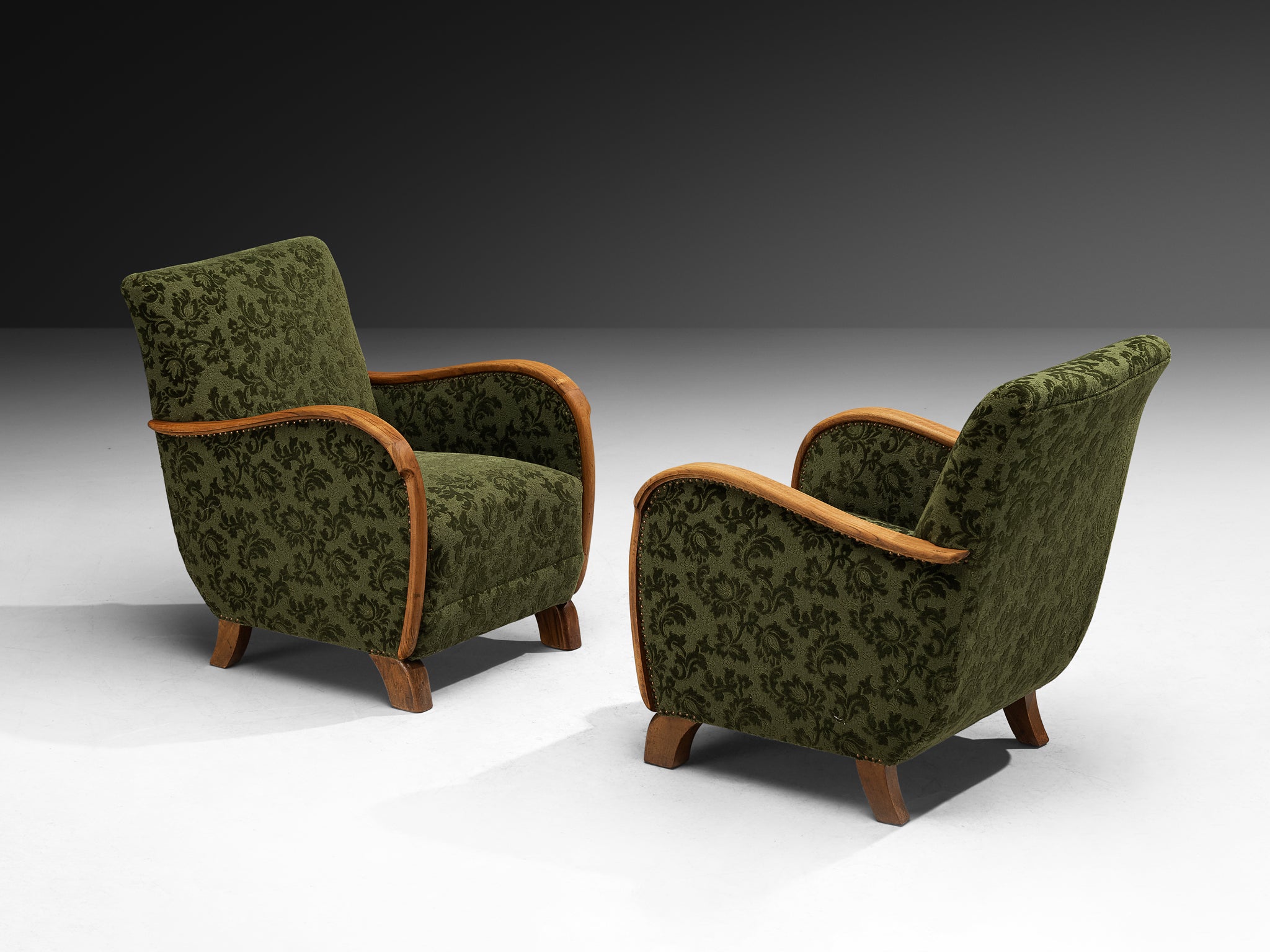 Pair of Art Deco Lounge Chairs in Green Floral Fabric and Walnut Wood Seating Morentz
