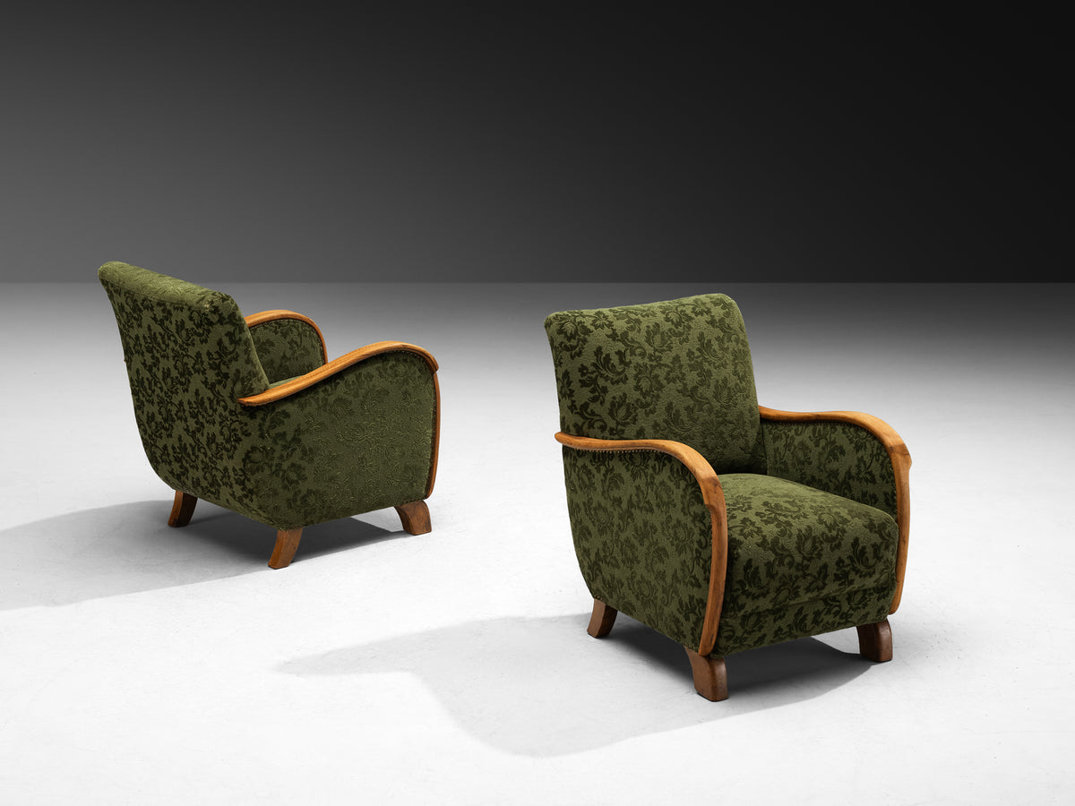 Pair of Art Deco Lounge Chairs in Green Floral Fabric and Walnut Wood Seating Morentz