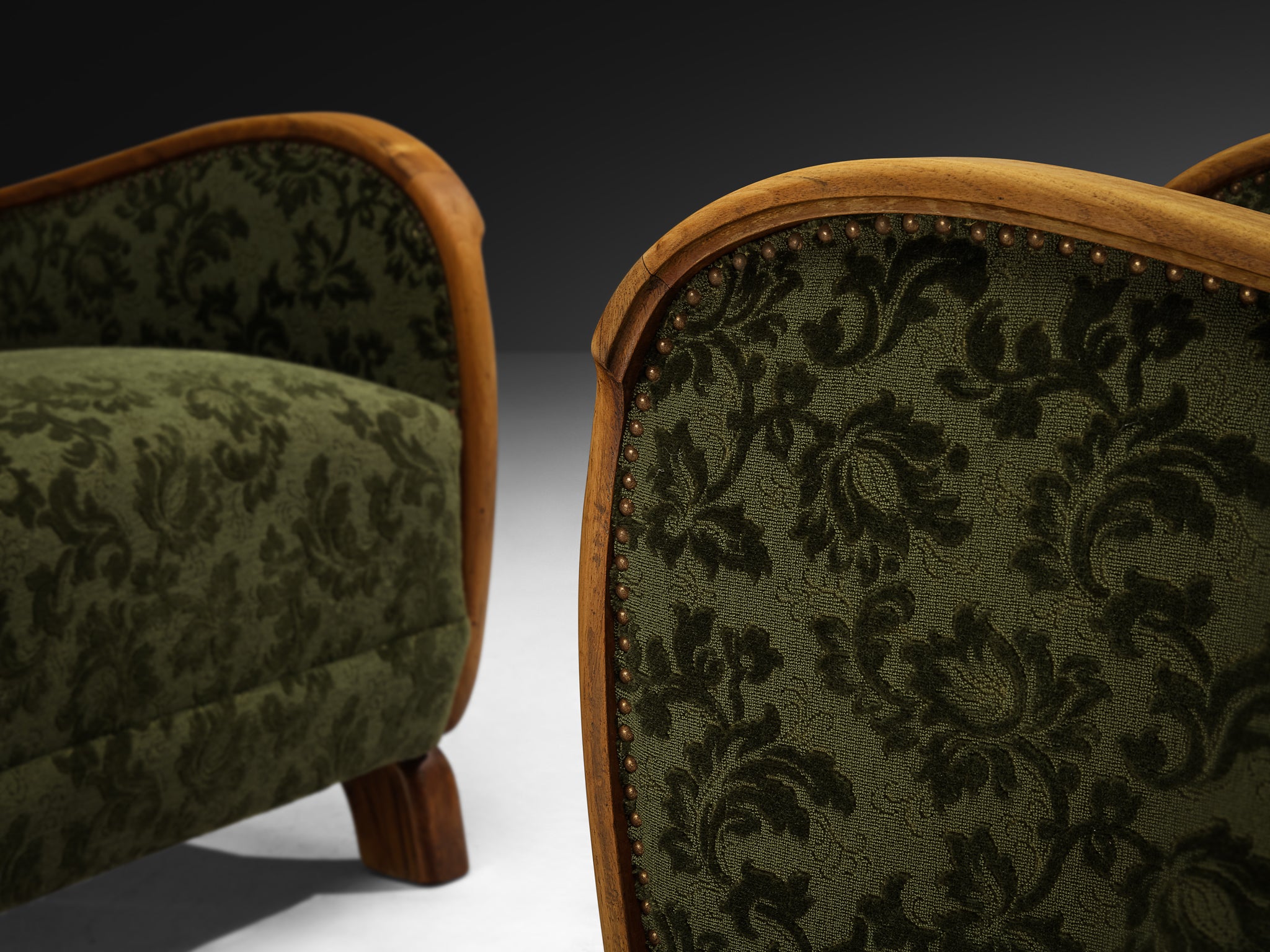 Pair of Art Deco Lounge Chairs in Green Floral Fabric and Walnut Wood Seating Morentz