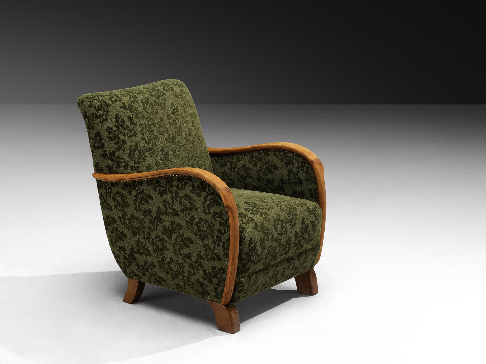 Pair of Art Deco Lounge Chairs in Green Floral Fabric and Walnut Wood Seating Morentz