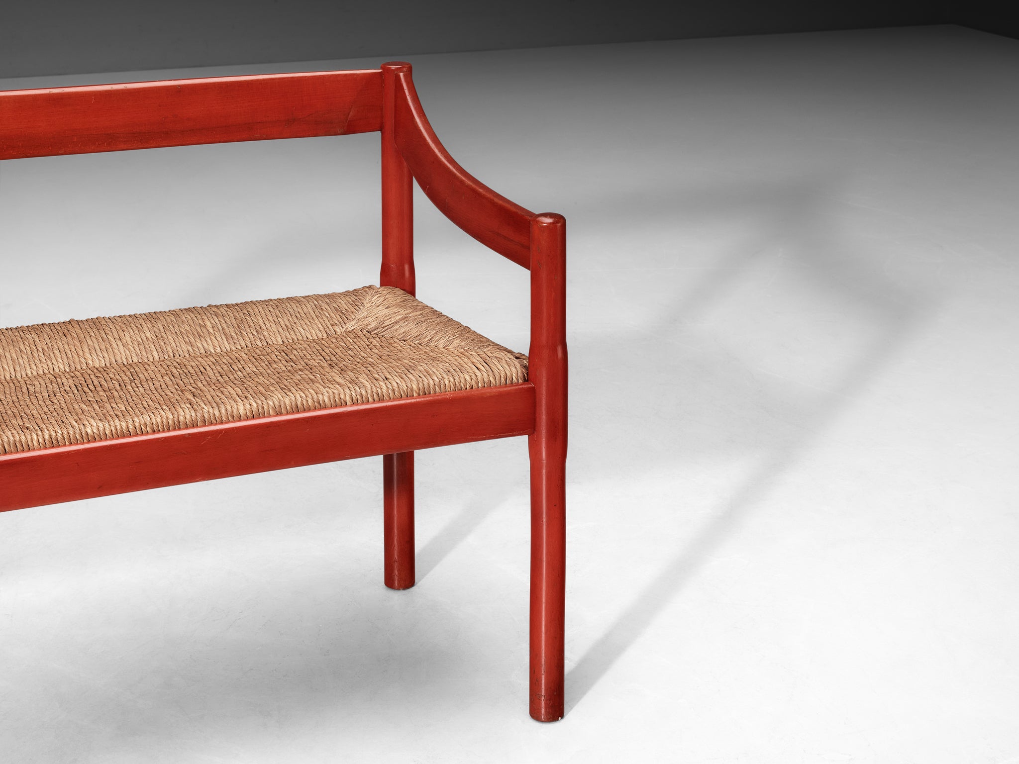 Vico Magistretti 'Carimate' Bench in Red Stained Wood and Straw Seating Morentz