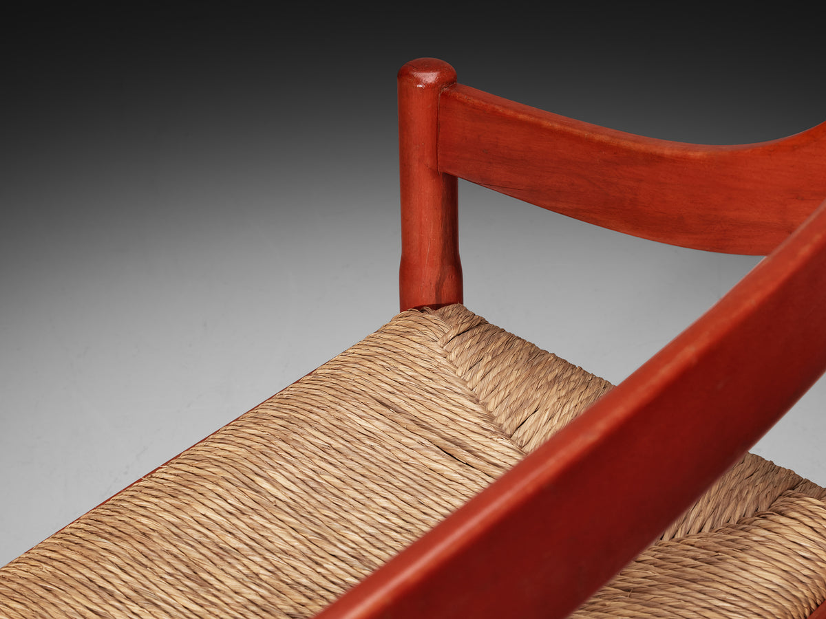 Vico Magistretti 'Carimate' Bench in Red Stained Wood and Straw Seating Morentz