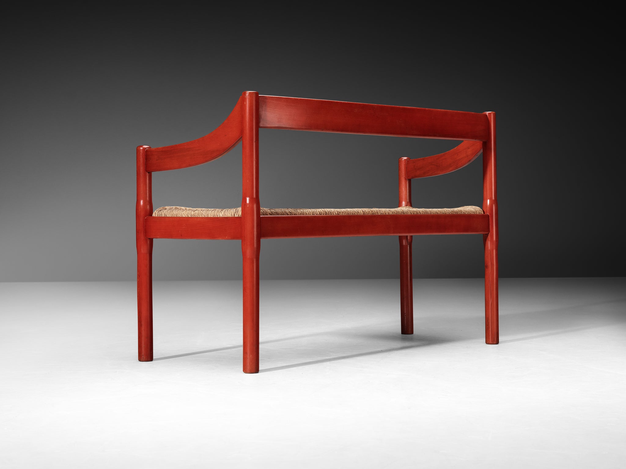 Vico Magistretti 'Carimate' Bench in Red Stained Wood and Straw Seating Morentz