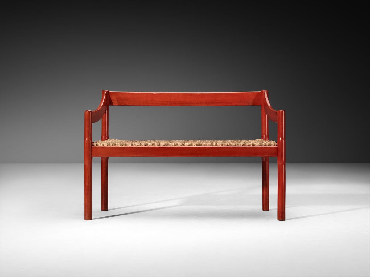 Vico Magistretti 'Carimate' Bench in Red Stained Wood and Straw Seating Morentz