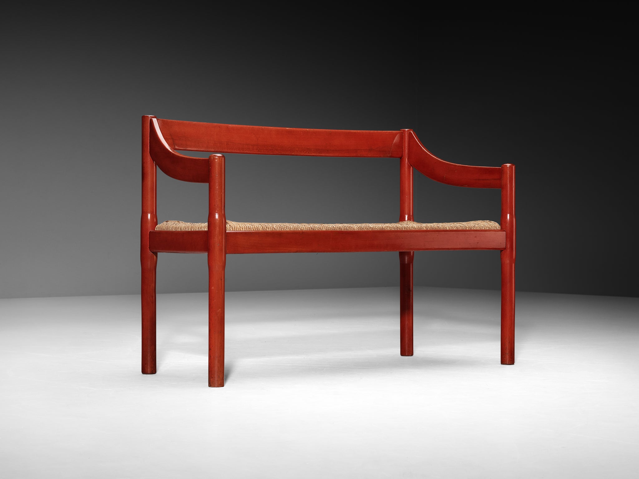 Vico Magistretti 'Carimate' Bench in Red Stained Wood and Straw Seating Morentz