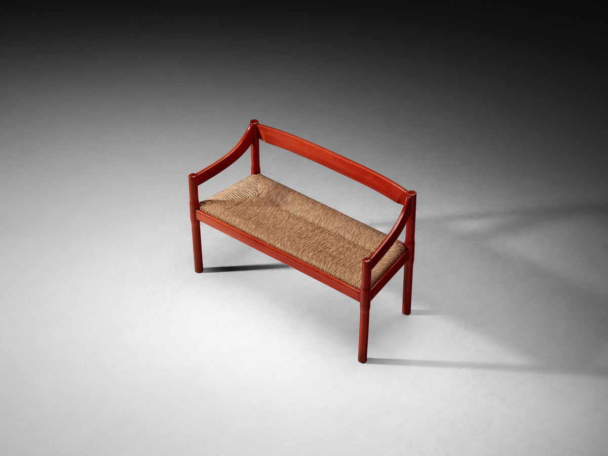 Vico Magistretti 'Carimate' Bench in Red Stained Wood and Straw Seating Morentz