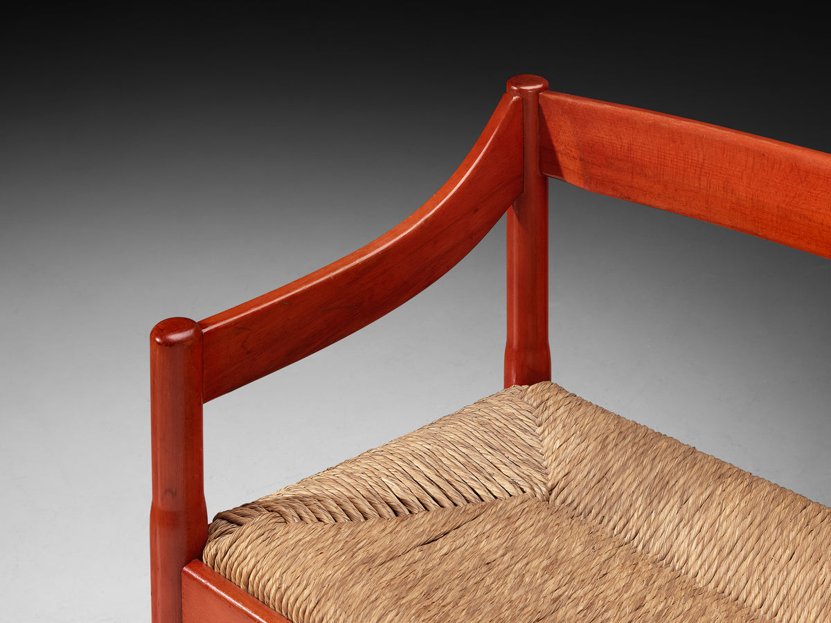 Vico Magistretti 'Carimate' Bench in Red Stained Wood and Straw Seating Morentz