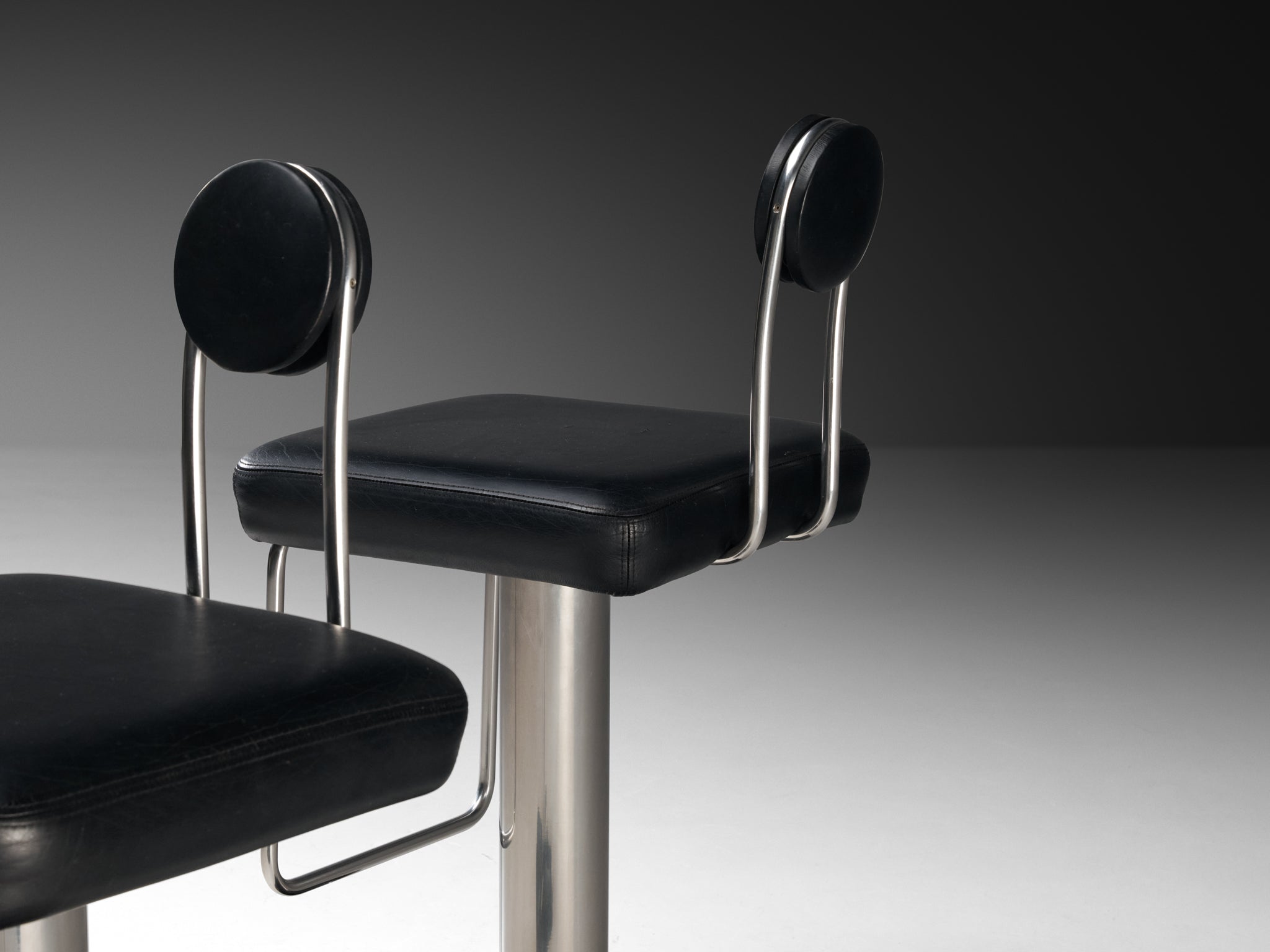 Joe Colombo for Zanotta Pair of 'Birillo' Swivel Bar Stools in Stainless Steel Seating Morentz