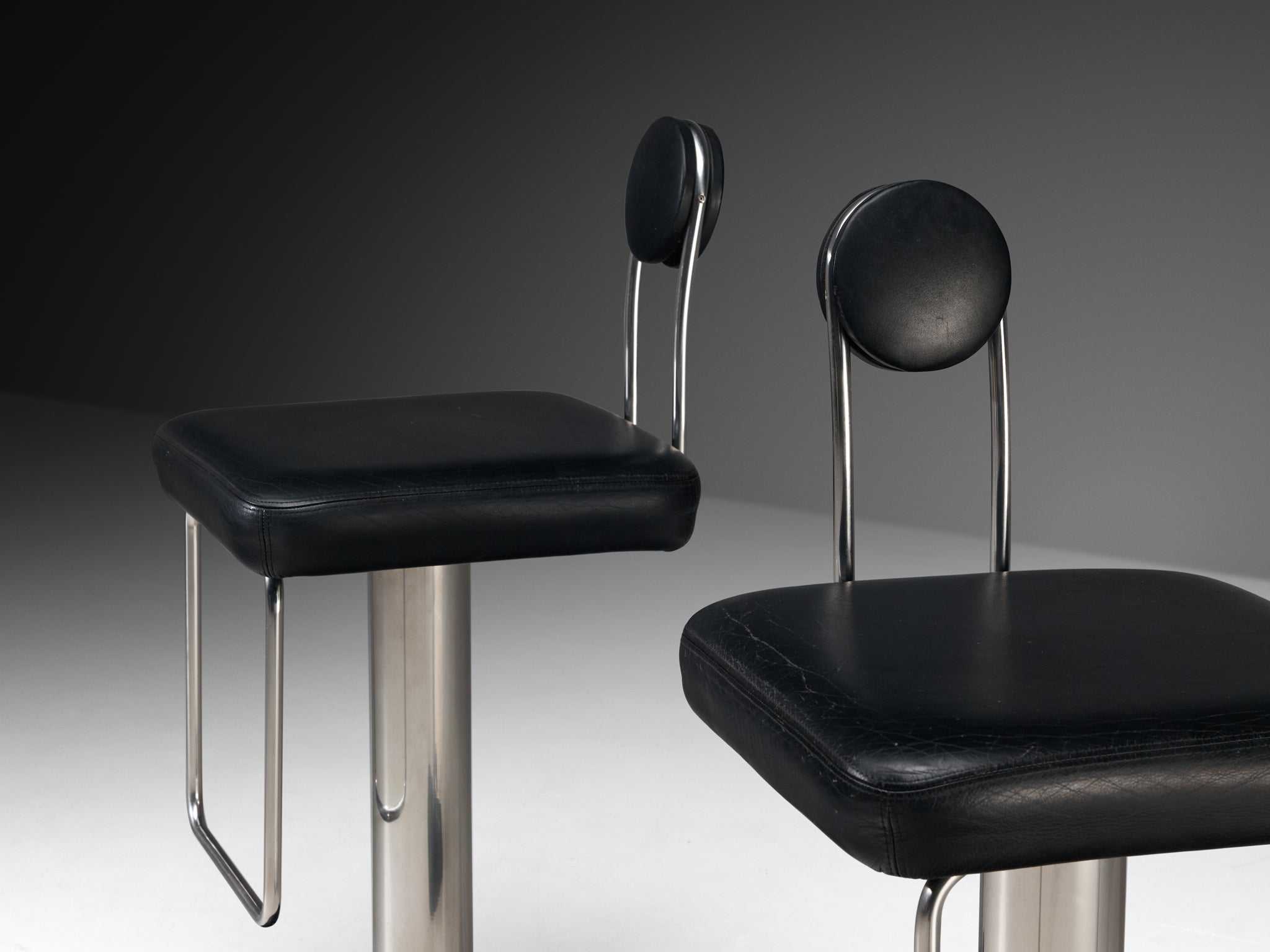 Joe Colombo for Zanotta Pair of 'Birillo' Swivel Bar Stools in Stainless Steel Seating Morentz